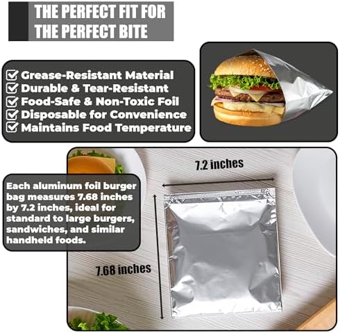 Aluminum Foil Hamburger Bags, Grease-Resistant, 100 Pack | Burger Wrappers for Hot Sandwiches, Paninis, BBQ, Food Trucks, Restaurants, Delis, and Takeout - Image 4