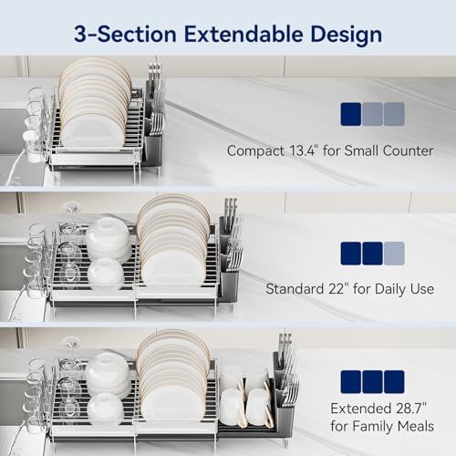 Stainless Steel Dish Drying Rack - Expandable Dish Racks for Kitchen Counter Organizer with Drain Board, Detachable Utensil & Cup Holder, Dish Drainer for Small Kitchen Counter, Black - Image 3