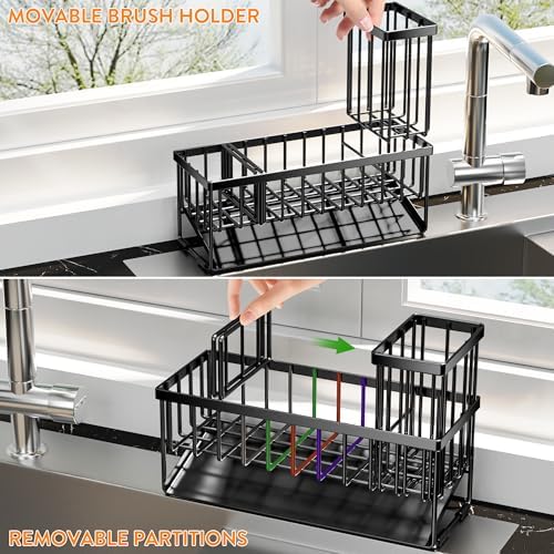 Cisily Extra Large Kitchen Sink Caddy Organzier with High Brush Holder, Sponge Holder for Sink, 304 Rustproof Stainless, Kitchen Countertop Soap Dispenser Organizer For Decor and Accessories - Image 4