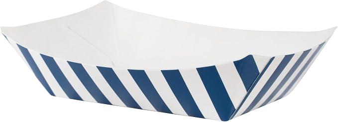 Restaurantware-Bio Tek 4 Ounce Paper Boats, 50 Disposable #25 Food Trays - PE Lining, Durable, Blue And White Striped Paper Food Baskets, For Concession Stands, Picnics, or Fairs - Image 2