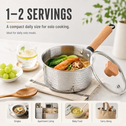 Tri-Ply Stainless Steel Saucepan with Lid, 1.8 Quart - Heavy-Gauge Hammered Exterior, Smooth Interior Milk Pot, Induction Ready Cookware for Ramen, Sauces, Noodles, Stay-Cool Wood Handle - Image 2
