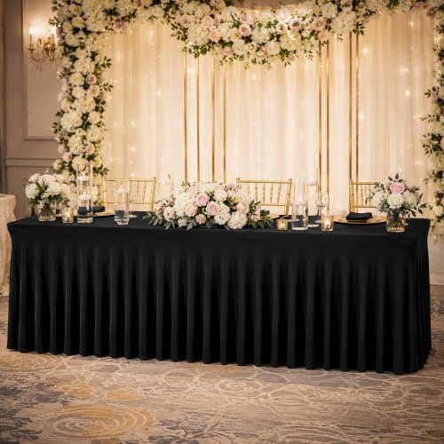 Your Magic Moment Black Tablecloth 6 PC Set 6 FT Rectangle Table Cover Set for 6 Foot Tables Black Spandex Table Skirts Party Anniversary Catering - Image 2
