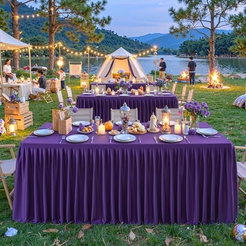 Purple Polyester Table Cloths for Rectangle 6 Foot Tables, 6 Pack Wrinkle Free Tablecloths Stretchy Banquet Ruffle Fitted Table Cover Desk Skirt for Parties Wedding Birthday Baby Shower - Image 3