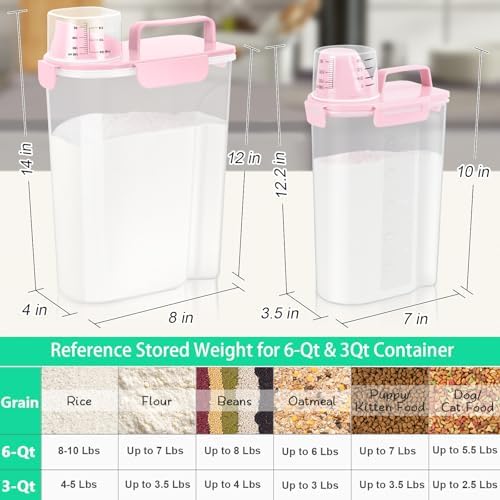TBMax 2 Pack Airtight Rice Container 5 Lbs +10 Lbs, Cereal Container Oatmeal Storage with Easy-pouring Spout & Handy Cup for Flour Grain Beans, Pet Dog Cat Bird Food Storage Dispenser -Pink - Image 2