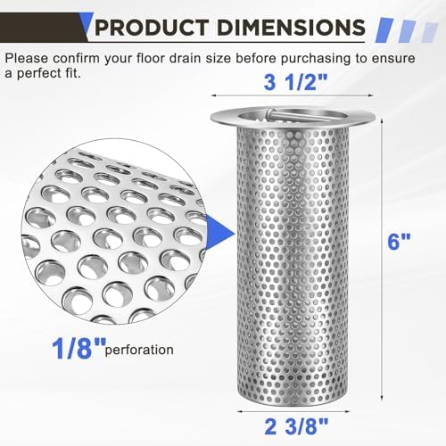 2 Pcs Commercial Floor Drain Strainer Perforated Cylindrical Mesh 316 Stainless Steel Drain Basket with Carry Handle –heavy-duty, for Restaurants, Kitchens, Factories (3" Diameter X 6" Tall) - Image 2