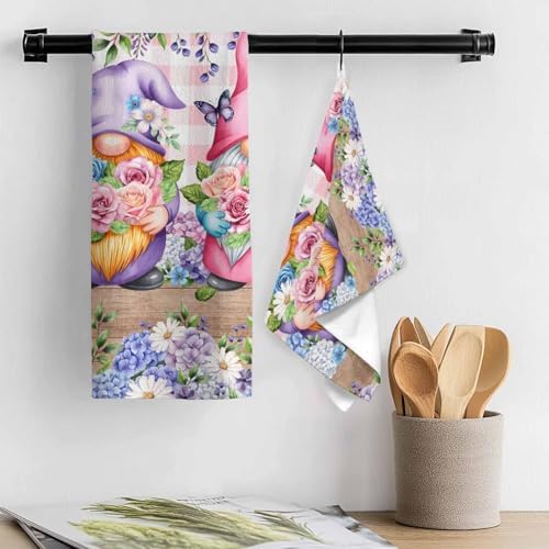 Spring Gnomes Kitchen Towels Set of 4 Watercolor Purple Blue White Floral Leaf Pink Plaid Wood Grain Decorative Dish Towels Ultra Soft Microfiber Absorbent Dishcloths for Kitchen Drying,18x28 In - Image 2