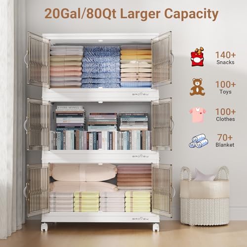 BROVIEW 320Qt Stackable Storage Bins with Lid, Extra Large Closet Organizer Collapsible Drawer Boxes with Wheels, Folding Plastic Cabinet Containers for Home Kitchen Room Organization, 4Pack White - Image 4