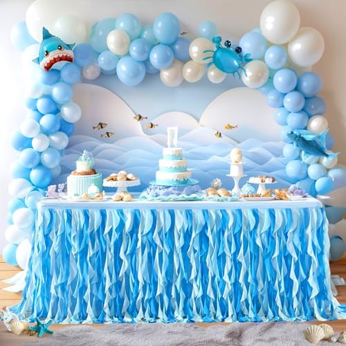 Partisky Ocean Blue Tulle Tutu Ruffle Curly Willow Table Skirt for Rectangle Table 6ft,Under The Sea Baby Shark Themed Table Cloth for Boys Girls Birthday Party or Baby Shower by Partisky