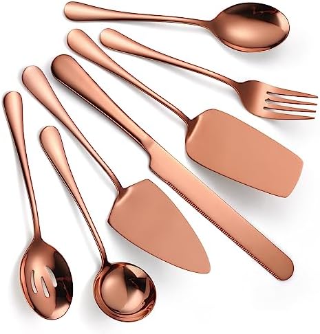 Copper Utensils Serving Set Rose Gold Stainless Steel Flatware Cake Knife Sever Fork Large Spoon Spatula Catering Silverware Complete 7 Pieces for Home Party Buffet by A%C2%B7HOUSEWARE