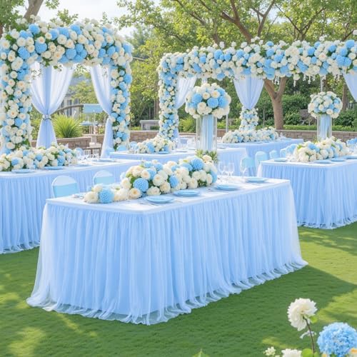 Suppromo 6 Pack 8ft Baby Blue Tulle Tablecloths for Rectangle Tables, 8 Foot Rectangular Table Cloth Wrinkle Free Table Cover with Tutu Skirt for Baby Shower Boy Birthday Party Banquet Buffet Cake - Image 5