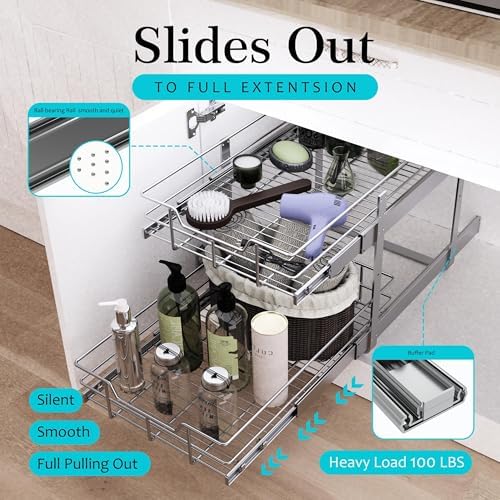 2 Tier Pull Out Cabinet Organizer 18" W X 22" D, Chromed, Full Slide Out - Image 3