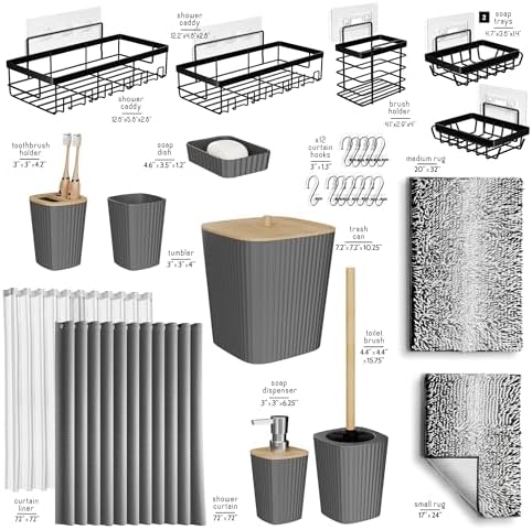 Clara Clark Bathroom Accessories Set - 27PC Bathroom Set with Adhesive Corner Shower Caddy Hanging, Bathroom Sets with Shower Curtain and Rugs, Ombre Grey Shower Curtain Set with Bathroom Trash Can - Image 3