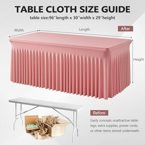 Wish Care 2 Pack Dusty Rose Spandex Table Clothes for 8 Foot Rectangle Tables, 8FT Wrinkle Free Fitted Tablecloths Ruffles Design Table Cloth for Party, Banquet, Wedding and Events - Image 5