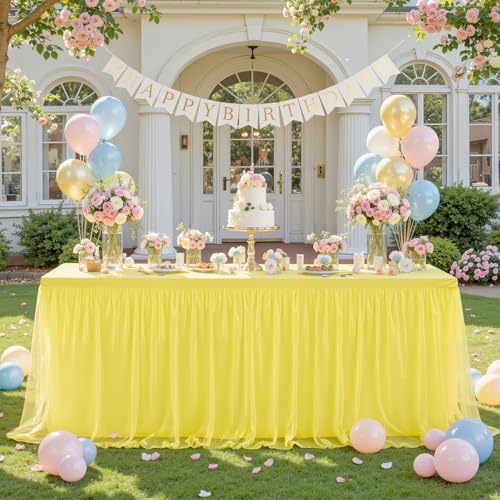 6 Pack Yellow Tulle Tablecloth for 8 Foot Rectangular Tables 8ft Yellow Rectangle Table Cloths Wrinkle Free Table Cover with Tutu Skirt for Birthday Cocktail Banquet Buffet Lemon Fruit Party Decor - Image 3