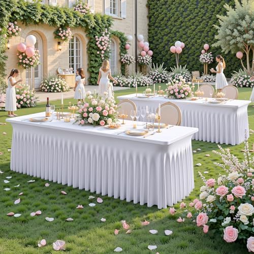 Besutolife White Spandex Tablecloth with Skirt for 8ft Rectangle Tables 4 Packs-Wrinkle-Resistant Stretchable Machine Washable Perfect for Weddings Banquets Birthday Parties Events - Image 6