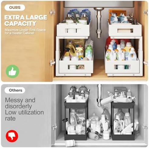 2 Packs 21IN Depth Under Sink Organizer, 2-Tier Pull Out Cabinet Organizer With Smooth Circular Rail, Large Capacity Metal Mesh Sliding Drawers For Bathroom& Kitchen Storage,Height Adjustable –White - Image 4