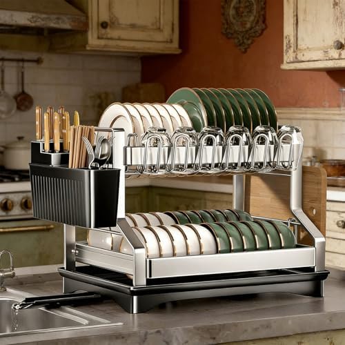 Fandian Dish Drying Rack 2 Tier Dish Racks for Kitchen Counter and Sink, Large Dish Drying Rack with Drainboard & Utensil Holders Stainless Steel Dish Drainers Kitchen Organization and Storage - Image 4