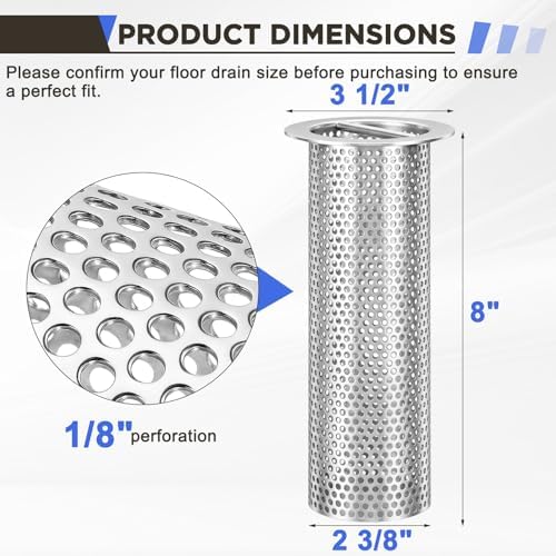 1 Pcs Commercial Floor Drain Strainer Perforated Cylindrical Mesh 316 Stainless Steel Drain Basket with Carry Handle –heavy-duty, for Restaurants, Kitchens, Factory (3" Diameter X 8" Tall) - Image 2