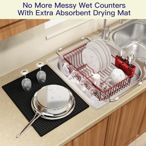 MAJALiS Red Dish Drying Rack Over The Sink with Utensil Holder, Mat - Image 5