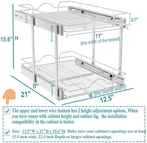 OCG 2 Tier Pull Out Cabinet Organizer (12.5" W x 21" D), Pull Out Drawers for Kitchen Cabinets, Pull Out Shelves for Base Cabinet Organization in Kitchen Bathroom Pantry, Chrome Finish - Image 2