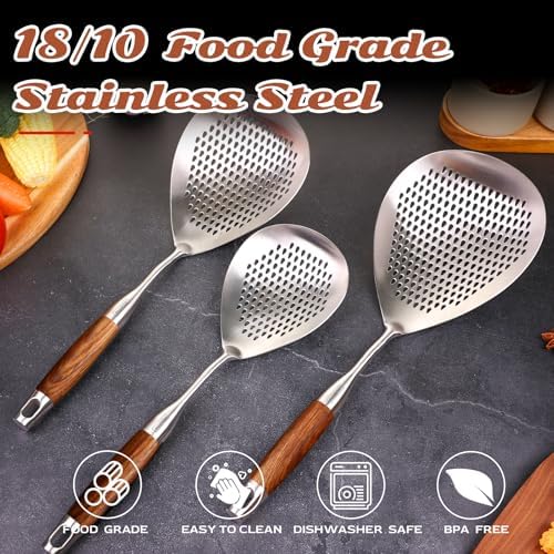 MARTE Skimmer Slotted Spoon Set of 4 - Kitchen Pasta Strainer Spoon - Spider Strainer Skimmer Ladle Spoon with Holder for Cooking and Frying Food, Spaghetti, Vegetable, Dumpling - 14.8In,16.5In,17In - Image 4