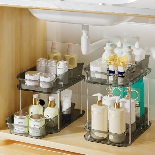 Delamu 2-Tier Under Sink Organizers and Storage, Multi-Purpose Stackable Bathroom Cabinet organizers, Pull Out Kitchen Pantry Organization and Storage with Dividers(2 Pack, Grey) by DELAMU