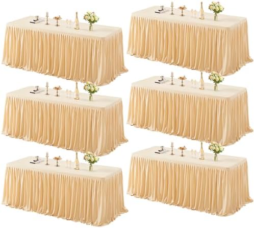 6 Pack Dark Champagne Tablecloths for Rectangle Tables 6ft, Wrinkle Resistant Champagne Table Cover Fitted Stretch Table Cloth with Pleated Ruffle Skirts for Party Banquet Dining Birthday Wedding by Partisky