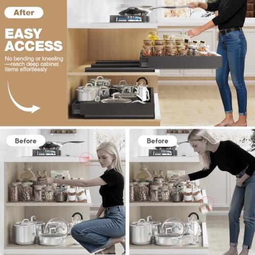Seinloes Pull Out Cabinet Organizer, 4-Side Expandable to Fit Most Cabinets, 3 Rail Slide Out Drawers with Raising Pad for Framed & Frameless Cabinets, 11"-16" W x 17"-24" D, Black, 2 Pack - Image 3