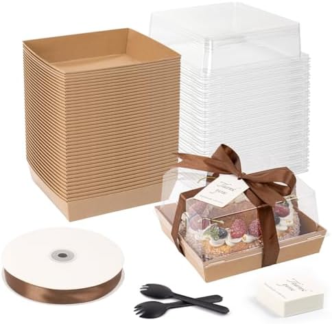 7 x 7 x 4 Inches Paper Cake Boxes with Clear Lids, 50 Pack Brown Charcuterie Boxes Large Square Food Containers, Disposable Bakery Boxes for Valentine's Day 4-6 Inch Bundt Cake, Pie, Dessert by DeziWood