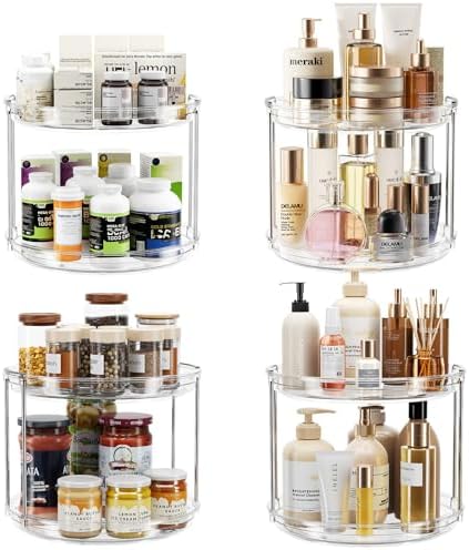 LAMU 4 Pack 2 Tier Lazy Susan Turntable Organizer 9.25'' Rotating Spice Rack Organization for Cabinet, Kitchen, Pantry, Countertop, Bathroom, Vanity, Medicine Cabinet Organizer, Clear by YourHome-OrganizationHelper