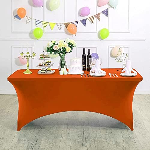 MDS® Pack of 5 Spandex Tablecloth 8FT Tight Fitted Stretch Table Cover – Washable Wrinkle-Free Reusable Elastic Patio Tablecloth for Wedding, Party, Banquet, Trade Show, Event Décor - Orange - Image 3