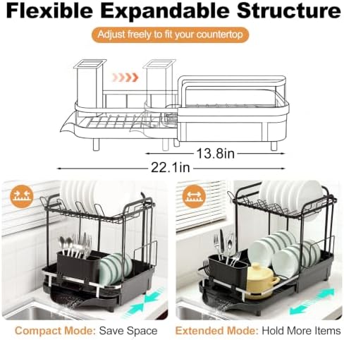 Expandable Stainless Steel 2-Tier Large Capacity Dish Drying Rack, Auto Drain Kitchen Counter Drainer with Rotatable Multi-Slot, Drainboard, Utensil, Cup Cutting Board Holder, 15"-22.4" Adjustable - Image 4