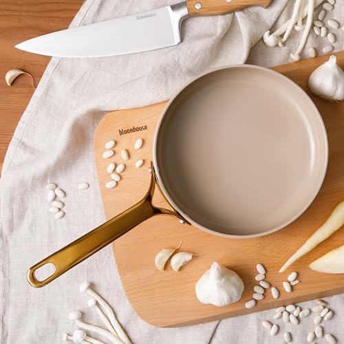 Bloomhouse - Two Time Oprah's Favorite Things Winner - 8 Inch Heavy Duty Aluminum Premium PFA Free Ceramic Nonstick Saute/Deep Frying Pan Skillet - Almond Cream w/Gold Handle - Image 6