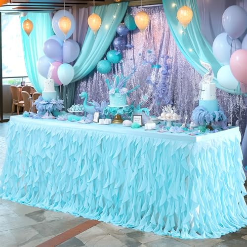 Partisky Aqua Blue Tulle Curly Willow Table Skirt for Rectangle Table 9ft, Ruffle Tutu Table Cloth for Boys Baby Shower,Birthday Party Candy Cake Tables - Image 3