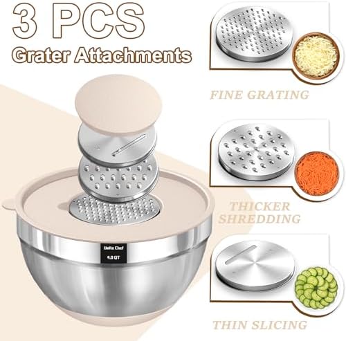 Umite Chef Mixing Bowls with Airtight Lids Set, 8PCS Stainless Steel Nesting Bowls with Grater Attachments, Non-Slip Bottoms, 5, 4, 3.5, 2, 1.5QT for Mixing & Serving - Image 3