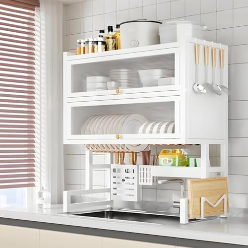 Large 3-Tier Over Sink Dish Drying Rack with Flip-top Door,Kitchen Counter Utensil Holder Organizers Space-Saving,Multifunctional Metal Counter Shelf,for Plates Bowl(White,75cm/29.5in) by YITAYMLI