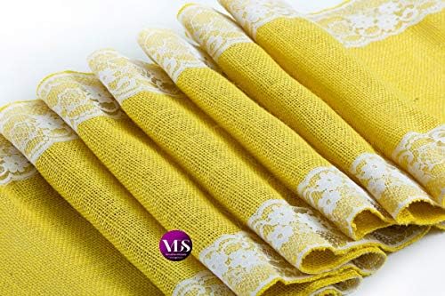 VDS Pack of 12, Burlap Table Runner with White Lace Edge, 100% Natural Jute Rustic Hessian Table Cloth Centerpiece for Wedding Birthday Party Banquet Table Decoration (Size 12X108 Inch)(Yellow) - Image 2