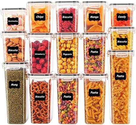 15 PCS Airtight Food Storage Containers with Lids, Plastic Kitchen and Organization Canisters for Cereal, Dry Food, Flour and Sugar, BPA-Free, PVC-Free, Includes Labels & Marker by Asnews