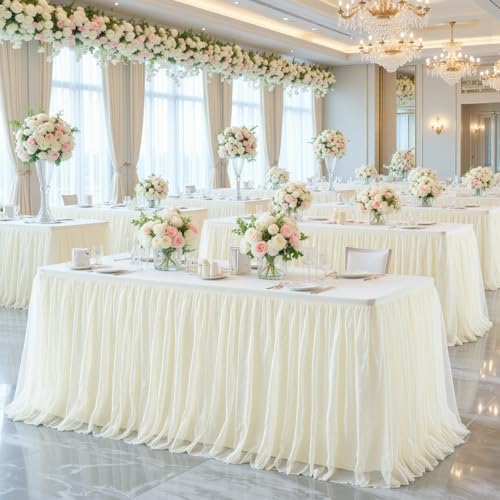 4 Pack 8ft Ivory Tulle Tablecloths for Rectangle Tables, 8 Foot Ivory Rectangular Table Cloth Wrinkle Free Tablecover with Tutu Skirt for Wedding Baby Shower Birthday Party Banquet Buffet Cake - Image 5