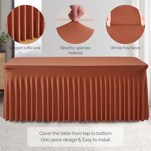 Wish Care 6 Pack Rust Spandex Table Clothes for 6 Foot Rectangle Tables, 6FT Wrinkle Free Fitted Tablecloths Ruffles Design Table Cloth for Party, Banquet, Wedding and Events - Image 5
