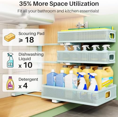 Under Sink Organizer, 2-Pack 3-Tier Height Adjustable Thickened Metal Pull out Cabinet Organizer Shelf, Slide out Storage Drawer Rack for Bathroom Kitchen Pantry Home Organization, LightBlue - Image 4