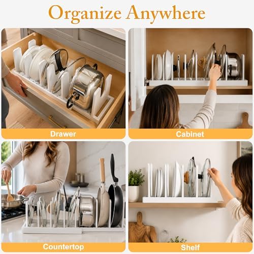 MinBoo Bamboo Expandable Pot Lid Organizer, Pot and Pan Organizer Drawer Organizer for Pot Lids, Adjustable 10 U-Shaped Dividers for Kitchen Cabinet Organizers and Storage,White - Image 6