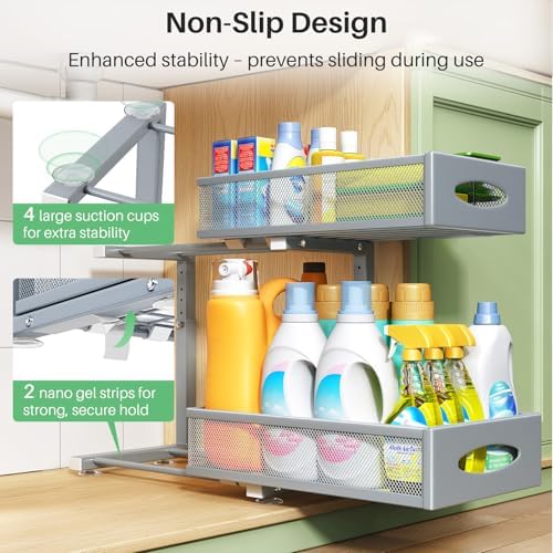2 Pack Under Sink Organizer, 2 Tier Pull out Cabinet Organizer Mesh Baskets with 5 Adjustable Heights, Sliding Drawers Storage Shelf for Home, Kitchen, Bathroom, Pantry, Office, Countertop ,Grey - Image 6