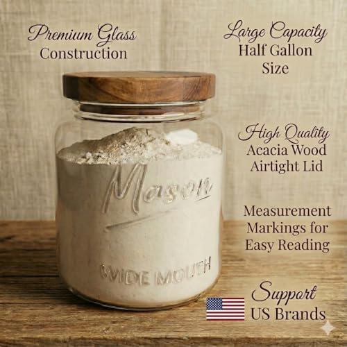 Kitchentoolz Half Gallon Glass Mason Jars with Airtight Push to Close Wooden Lids - Food Storage & Canning Jars with Measurement Markings - Pantry Containers for Flour, Sugar & Dry Goods - 64 oz (4pk) - Image 4