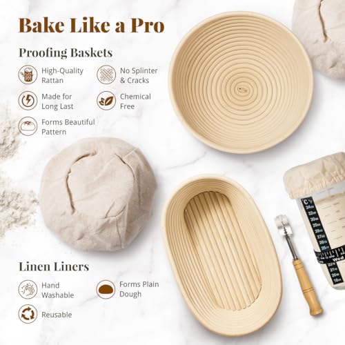 BAVIFY Sourdough Starter Kit, Banneton Bread Proofing Baskets Set | Complete Sourdough Bread Baking Supplies, Beginner Friendly, 9 in Round and 10 in Oval Rattan Banneton & 24 oz Starter Jar - Image 2