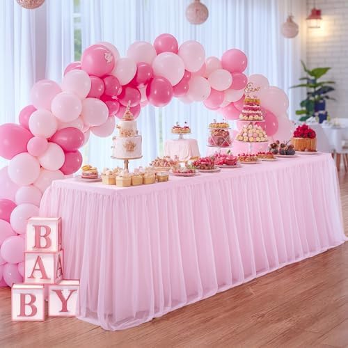 6 Pack 8ft Pink Tablecloths for Rectangle Tables, 8 Foot Pink Rectangular Table Cloth, Wrinkle Free Table Cover with Tutu Skirt for Baby Shower Girls Birthday Party Banquet Buffet Cake Decorations - Image 3