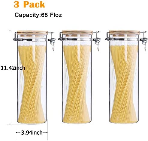 KKC 3-Pack 68oz Glass Spaghetti Containers with Airtight Bamboo Clamp Lids - 2000ml Tall Pasta Storage Jars & Long Noodle Holders Keep Fresh Canister Set for Kitchen Pantry Organization - Image 5