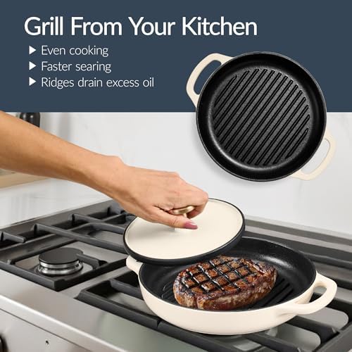 Best Choice Products 6-Piece Cast Iron Cookware Set, Ceramic Coated 6Qt Dutch Oven, 2Qt Skillet W/Lid, 10" Grill Pan W/Press, Non-toxic, Heavy Duty, Gas/Induction Compatible, PFAS Free - Vanilla - Image 4