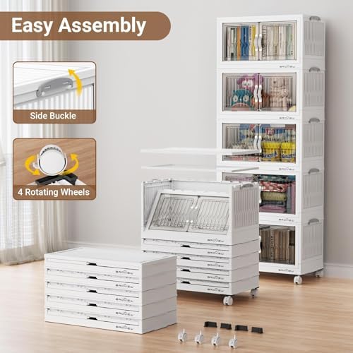 BROVIEW 240Qt Stackable Storage Bins with Lid, Extra Large Closet Organizer Collapsible Drawer Boxes with Wheels, Folding Plastic Cabinet Containers for Home Kitchen Room Organization, 4Pack White - Image 6