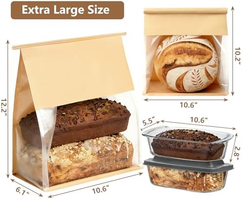 100 Pack Extra Large Paper Bread Bags for Homemade Bread Sourdough Bags, 12.2x10.6x6.1 Inches Resealable Tin Tie Tab Lock Bakery Loaf Bag with Window, Baked Goods Packaging for Gifting and Bake Sale - Image 2